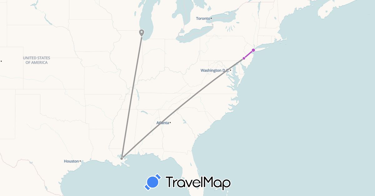 TravelMap itinerary: driving, plane, train in United States (North America)